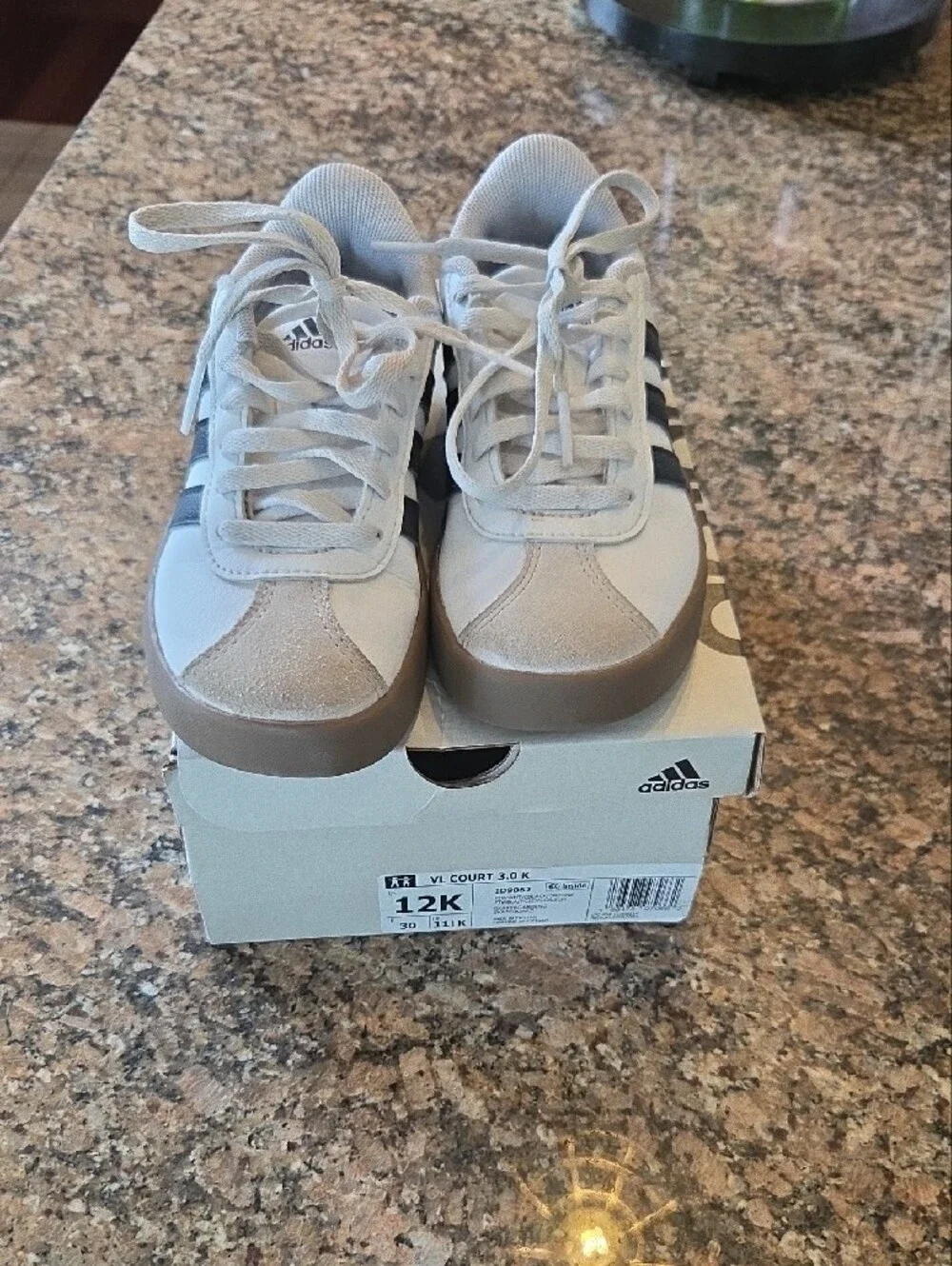 adidas Kids White Sneakers with Black Stripes and Tan Sole